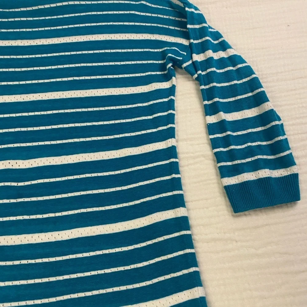 Talbots Sweater Shirt Teal Striped Linen Blend 3/4 Length Medium Petite Coastal - Picture 6 of 16